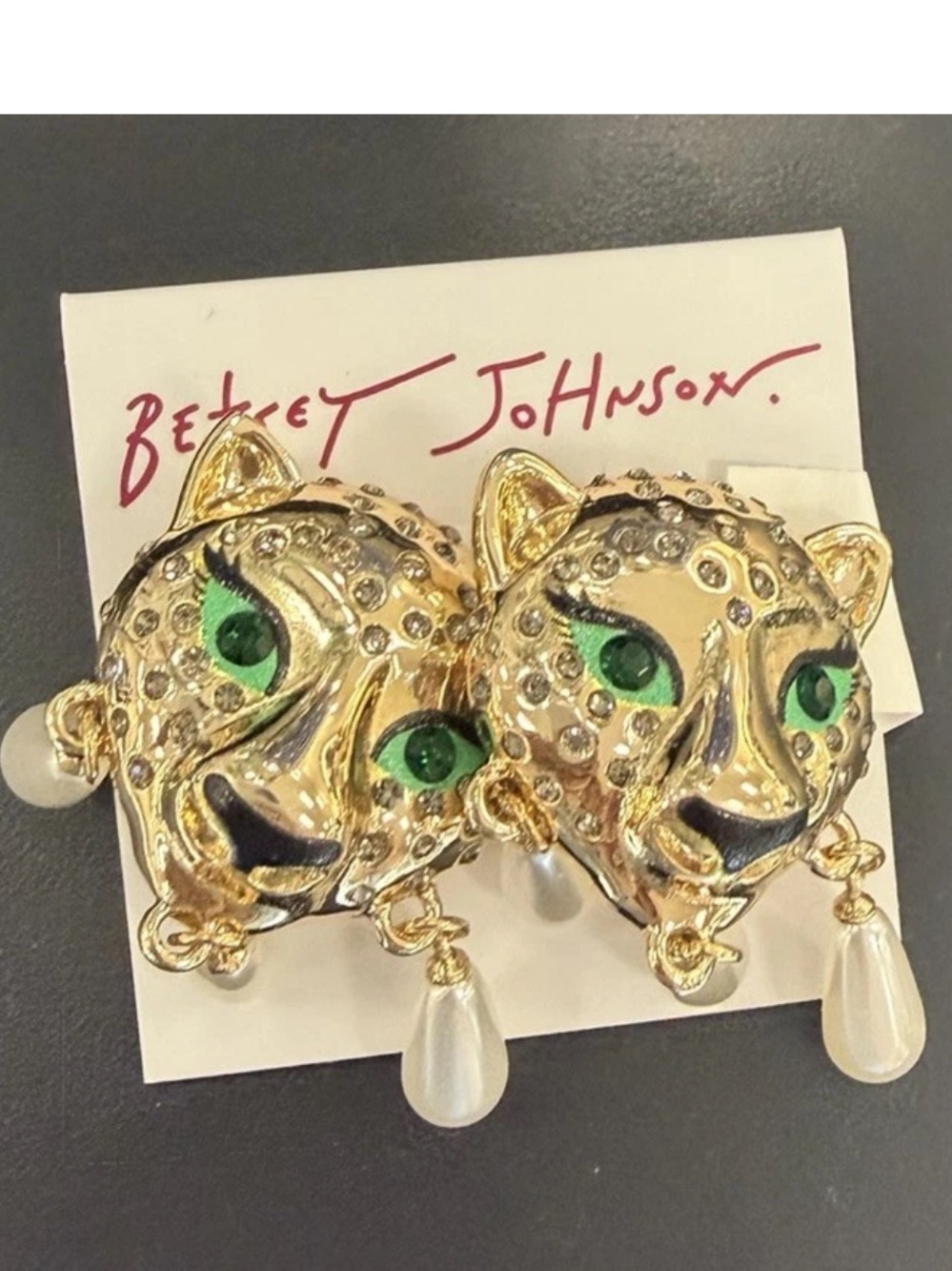 Betsey Johnson Gold Leopard Head Drop Earrings with Green Eyes